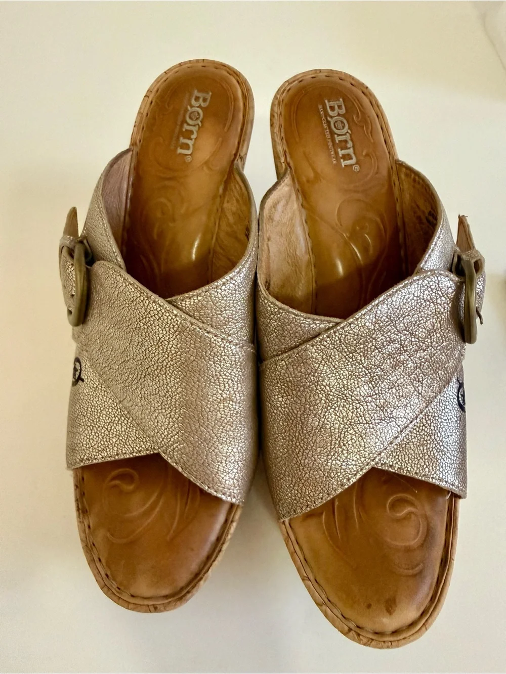 Born | Curstyn Metallic Cork Wedge Sandals | Bronze/Gold Tone Leather | Size 9